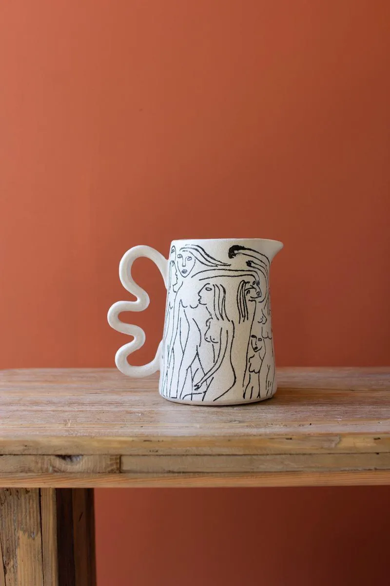 Ceramic Abstract Figure Pitcher with Squiggle Handle
