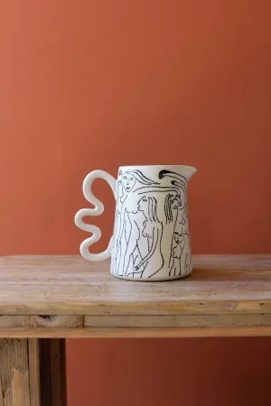 Ceramic Abstract Figure Pitcher with Squiggle Handle