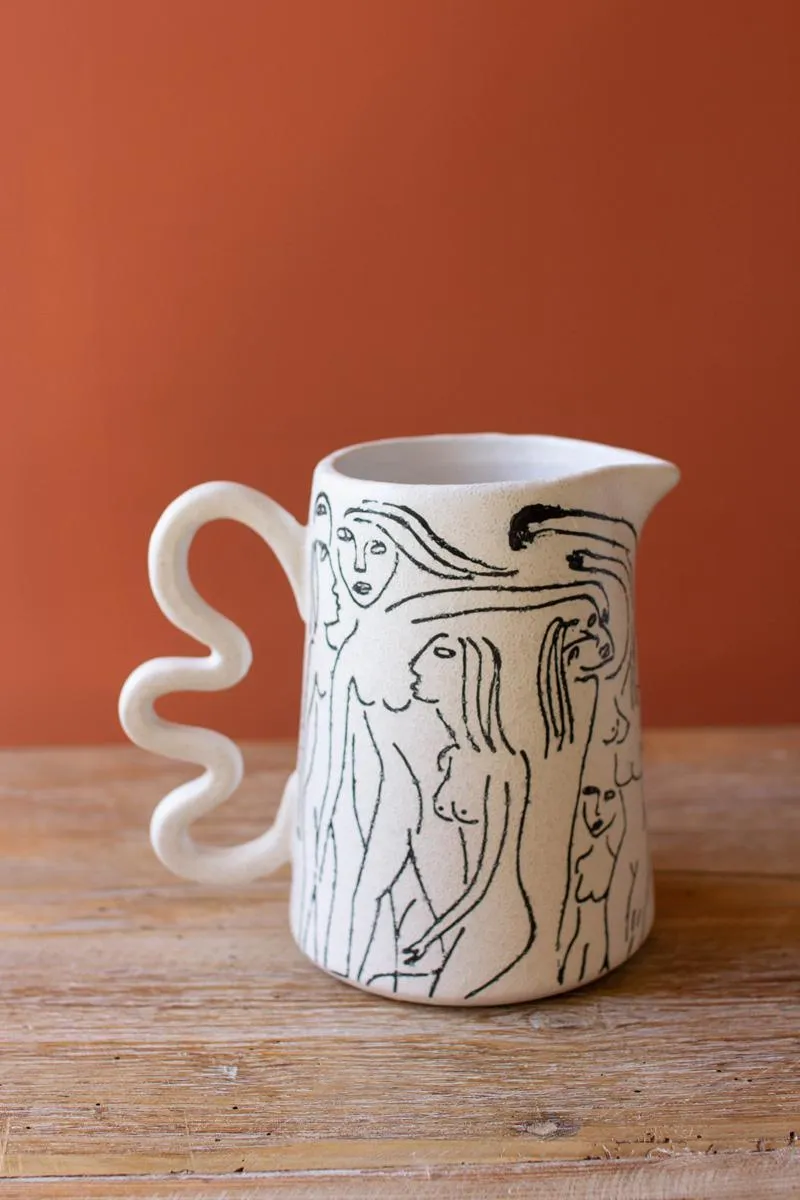 Ceramic Abstract Figure Pitcher with Squiggle Handle