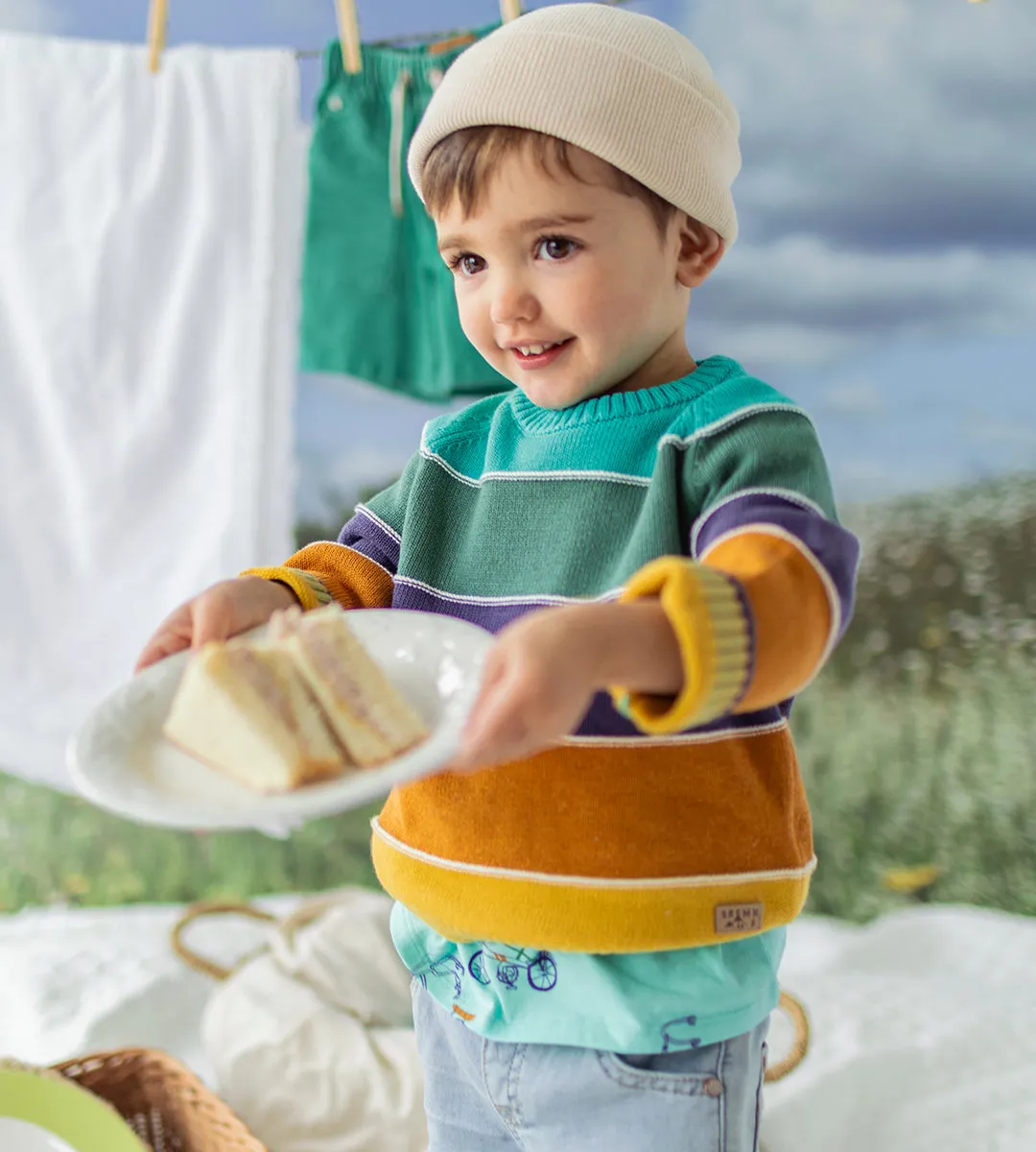 Chandail en tricot à rayures colorées, bébé|| Knit sweater with colorful stripes, baby