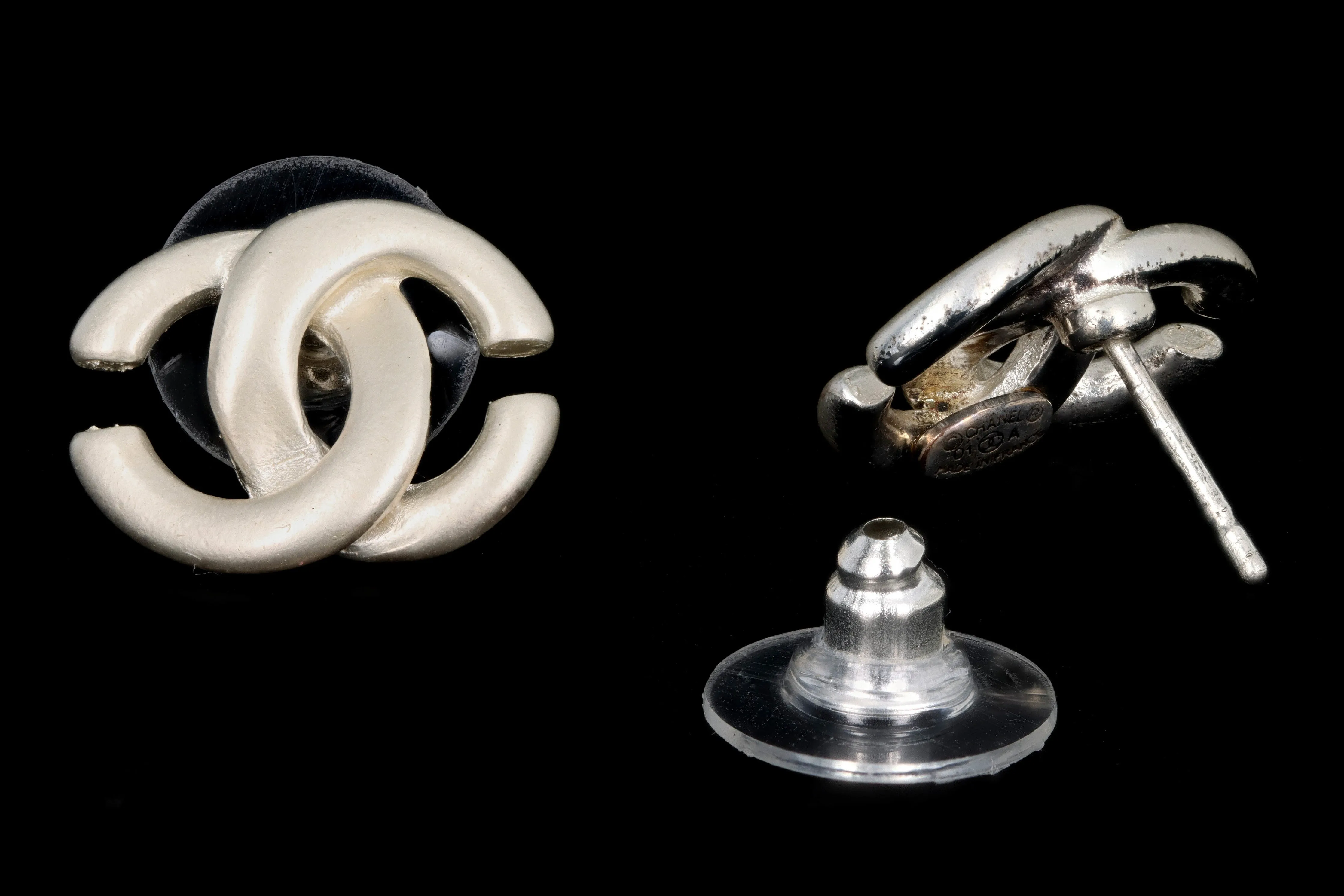 Chanel 2001 Brushed Metal Logo Stud Earrings