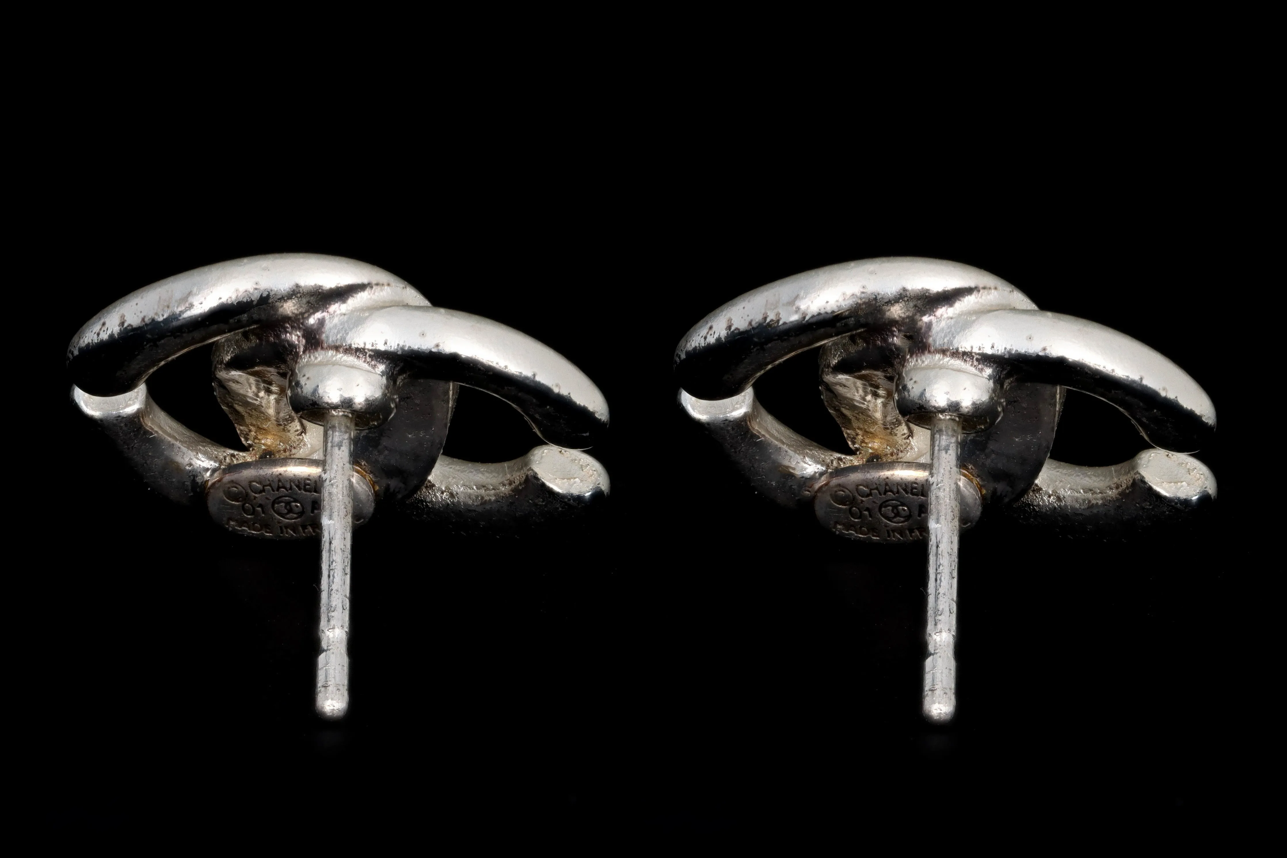 Chanel 2001 Brushed Metal Logo Stud Earrings