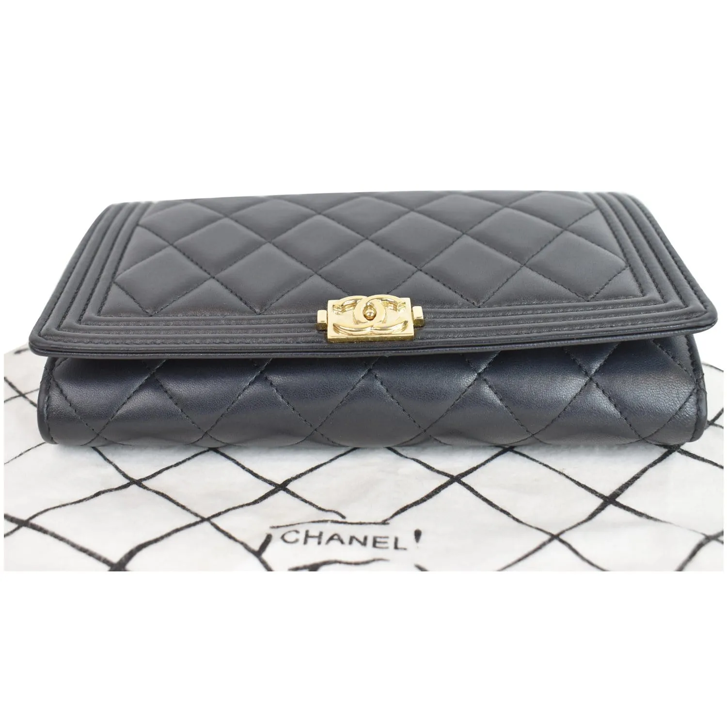 CHANEL Boy Woc Lambskin Leather Wallet On Chain Clutch Bag Black