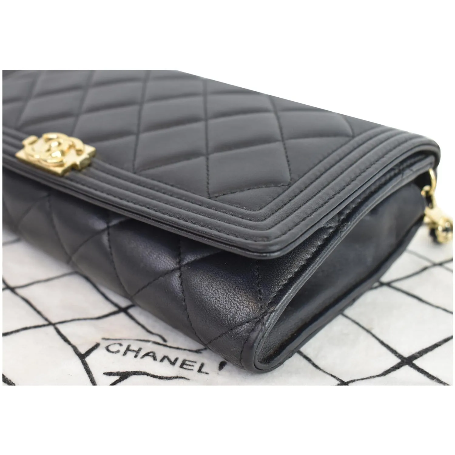 CHANEL Boy Woc Lambskin Leather Wallet On Chain Clutch Bag Black
