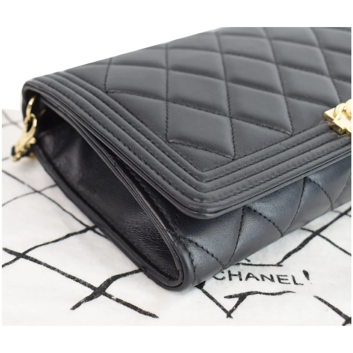 CHANEL Boy Woc Lambskin Leather Wallet On Chain Clutch Bag Black