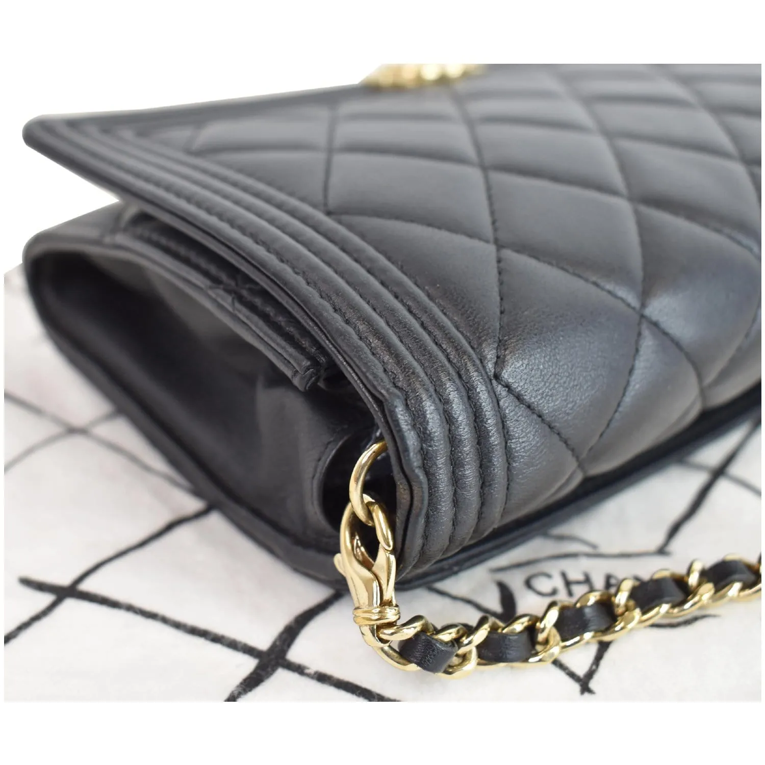 CHANEL Boy Woc Lambskin Leather Wallet On Chain Clutch Bag Black