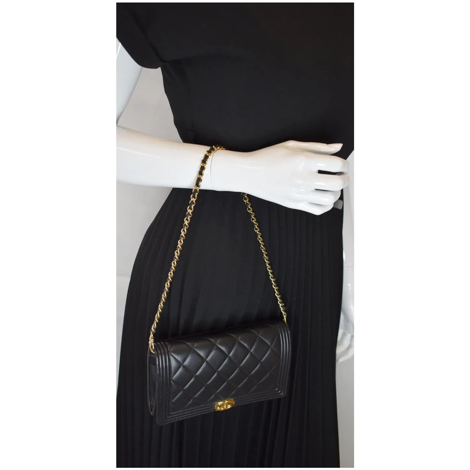 CHANEL Boy Woc Lambskin Leather Wallet On Chain Clutch Bag Black
