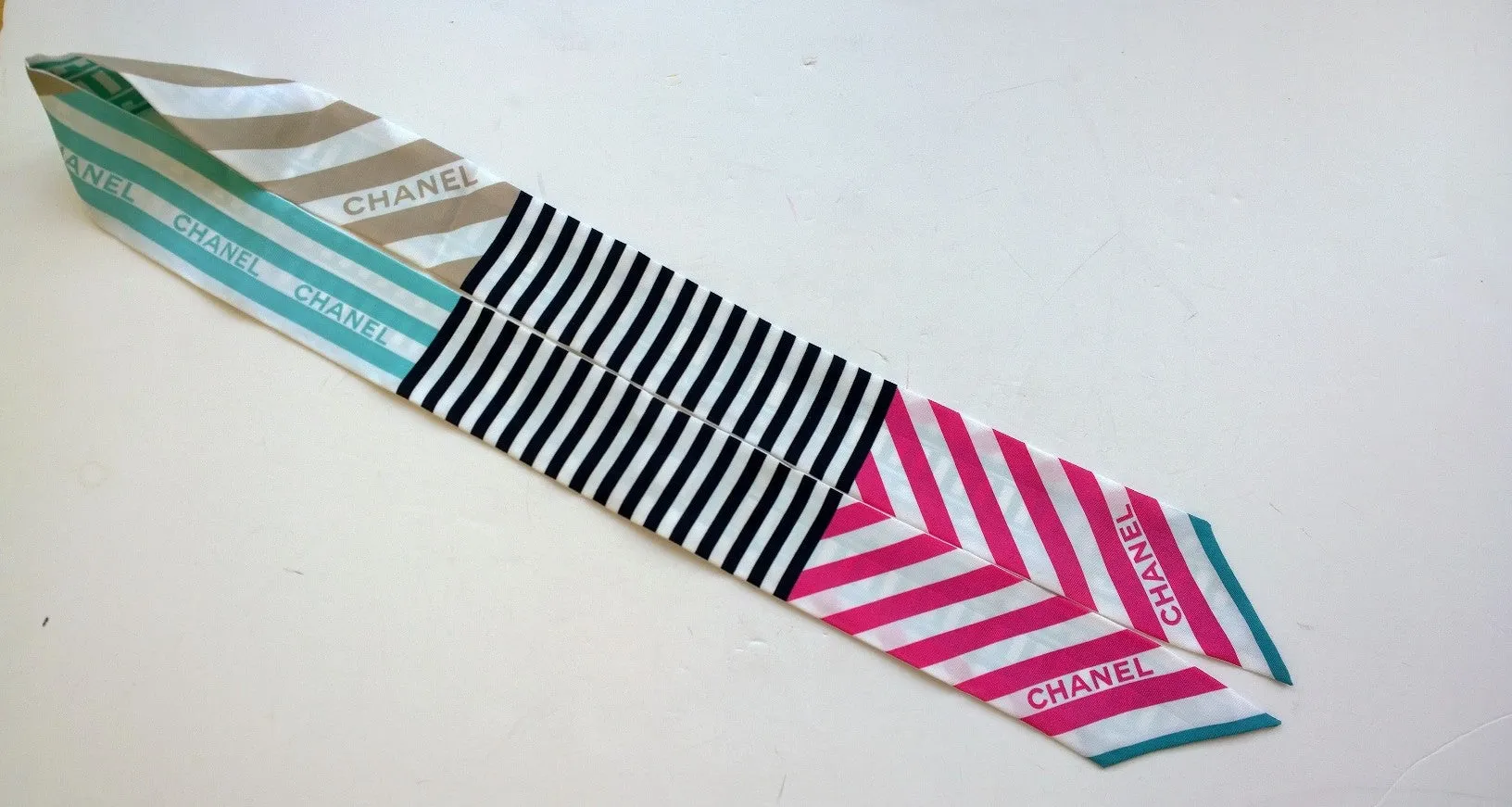 Chanel Silk Twilly Scarf Slim Bandeau Logo Stripes Accessories