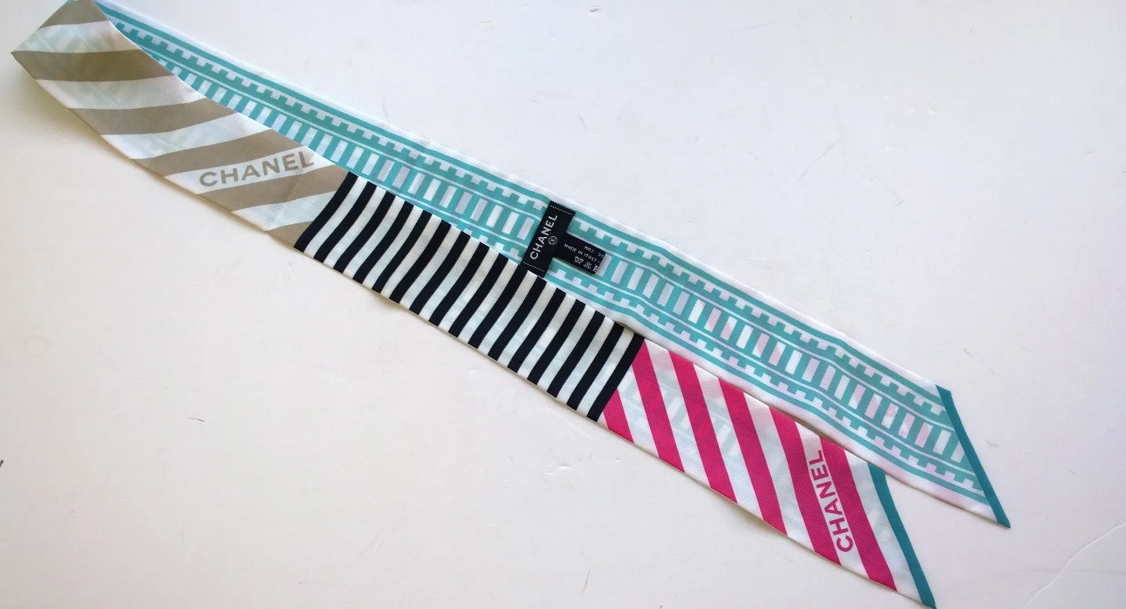 Chanel Silk Twilly Scarf Slim Bandeau Logo Stripes Accessories