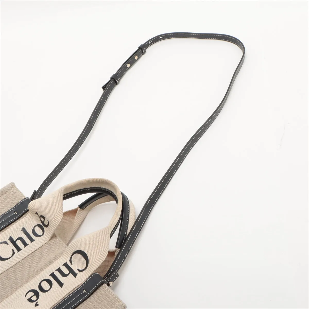 Chloe Woody Small Canvas &amp; Leather 2 Way Handbag Beige x black #2601