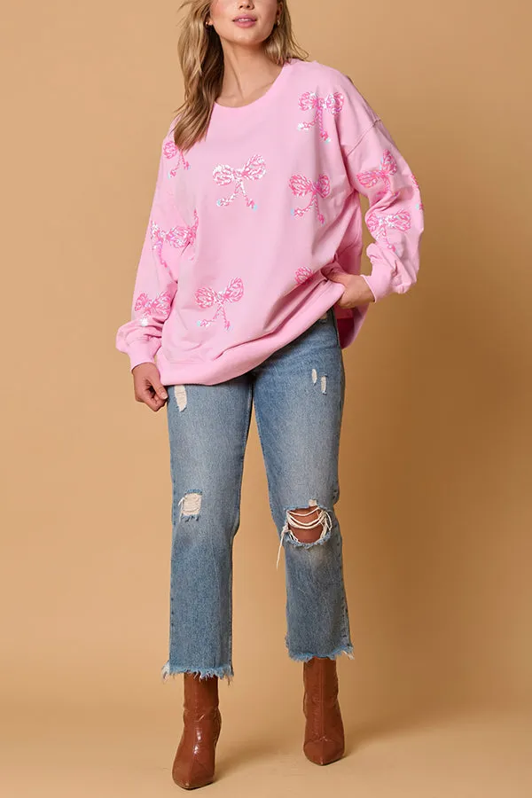 Christmas Bow Sequin Casual Loose Long-sleeved Sweatshirt
