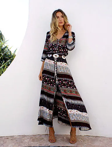 Cotton Tunic Dress - Graphic Split / Print Maxi V Neck / Summer