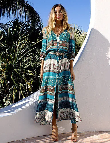 Cotton Tunic Dress - Graphic Split / Print Maxi V Neck / Summer