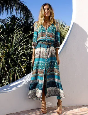 Cotton Tunic Dress - Graphic Split / Print Maxi V Neck / Summer