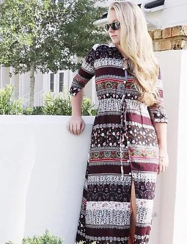 Cotton Tunic Dress - Graphic Split / Print Maxi V Neck / Summer