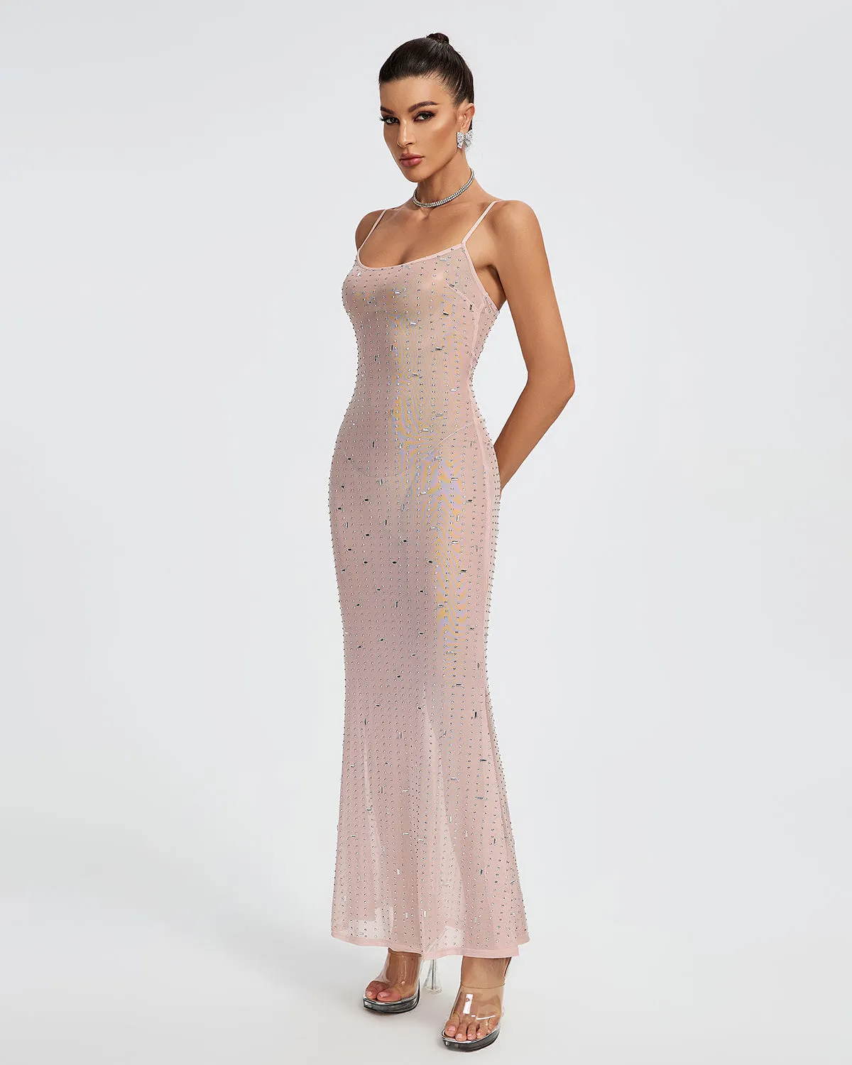 Crystal Embellished See-through Maxi Dress