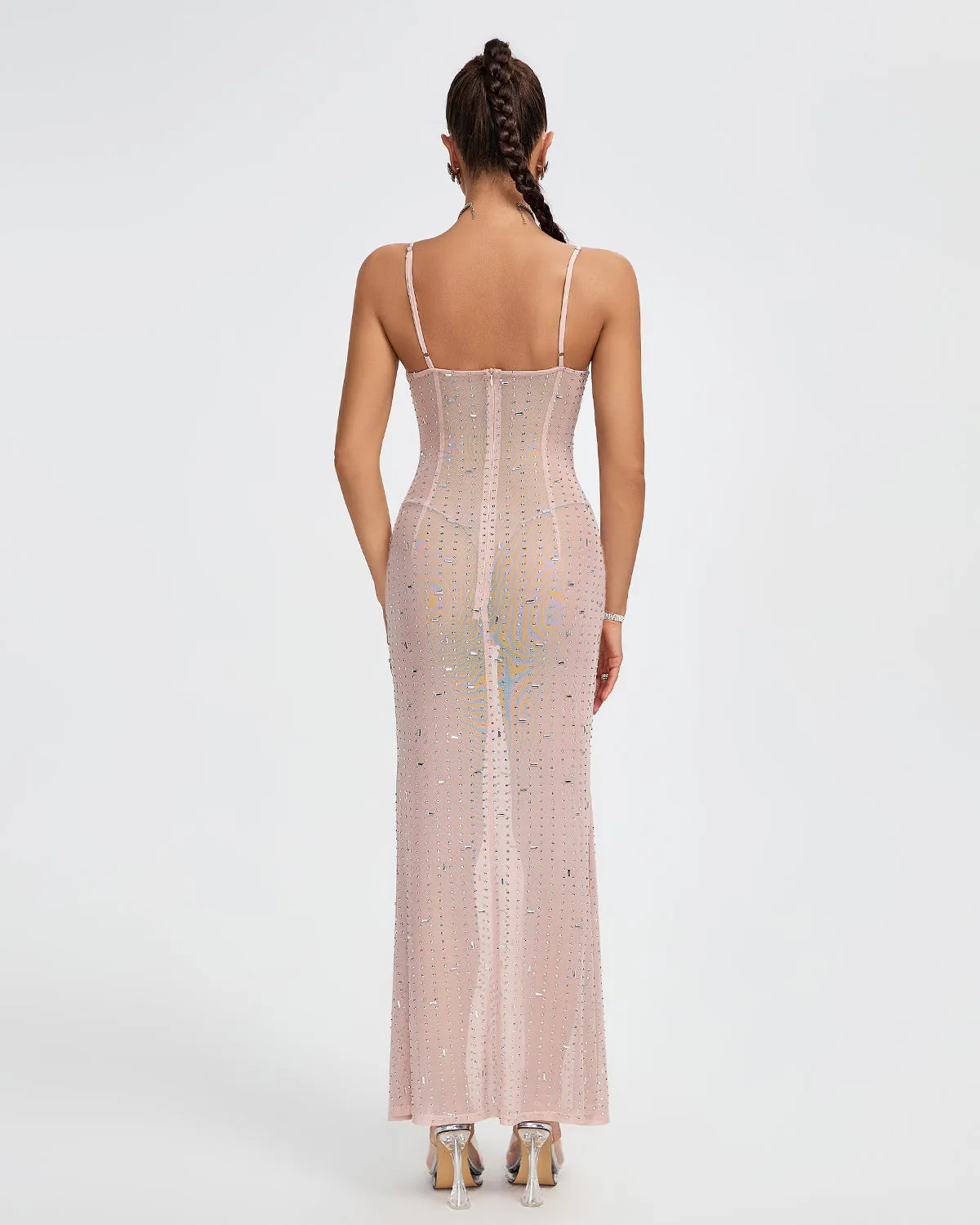 Crystal Embellished See-through Maxi Dress