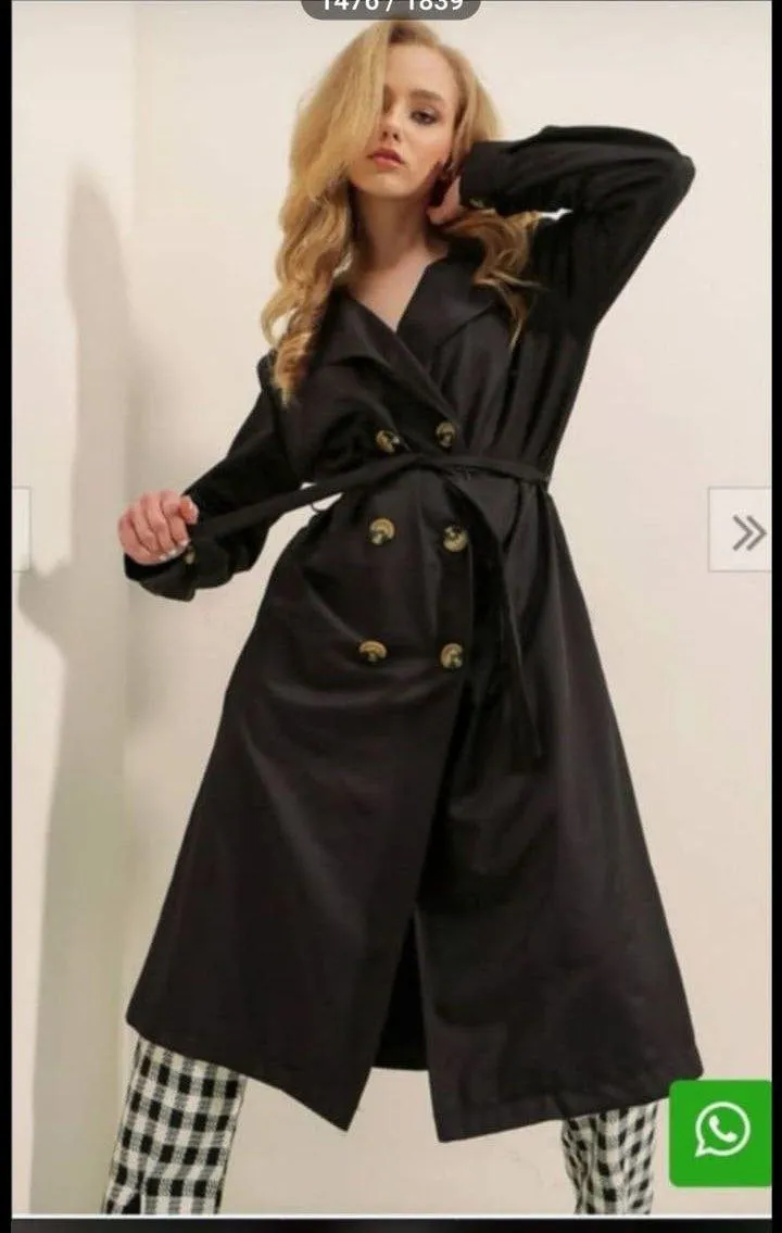 Dames Trenchcoat zwart lang met knopen en touwriem | Zwart