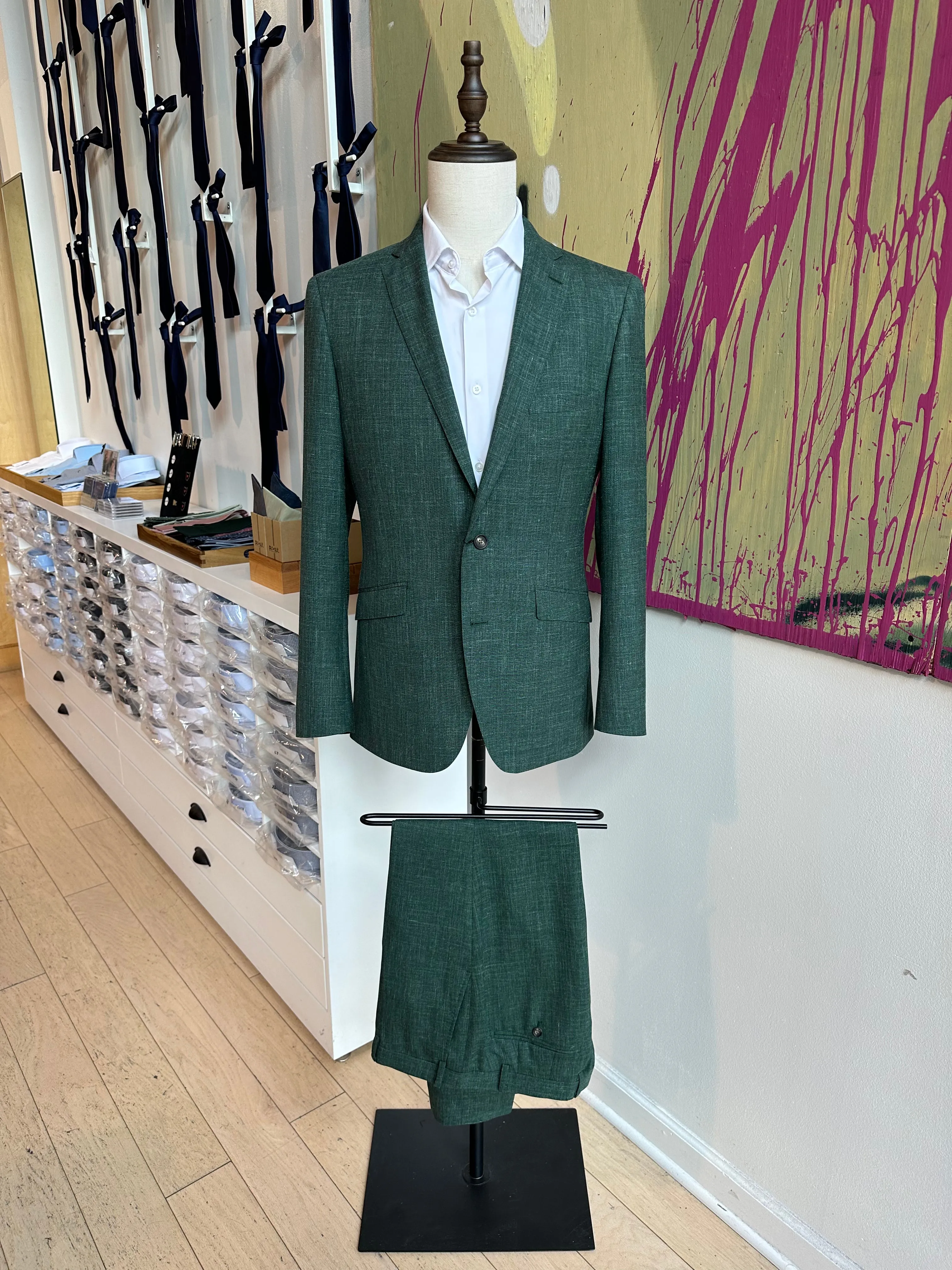 Dark Green Linen Blend Luxury Suit Coat