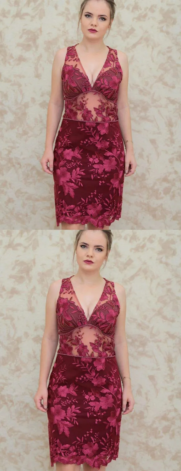 Dark Red Lace Beading Sheath V-neck Sleeveless Homecoming Dresses,HD0048