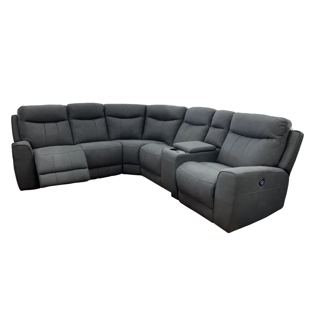 Denburn 6pc Recliner Suite - Urban Sofa F20 Rhino Dark Grey Fabric - Includes Electric Recliners on the ends