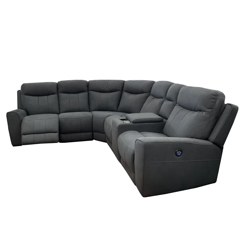 Denburn 6pc Recliner Suite - Urban Sofa F20 Rhino Dark Grey Fabric - Includes Electric Recliners on the ends