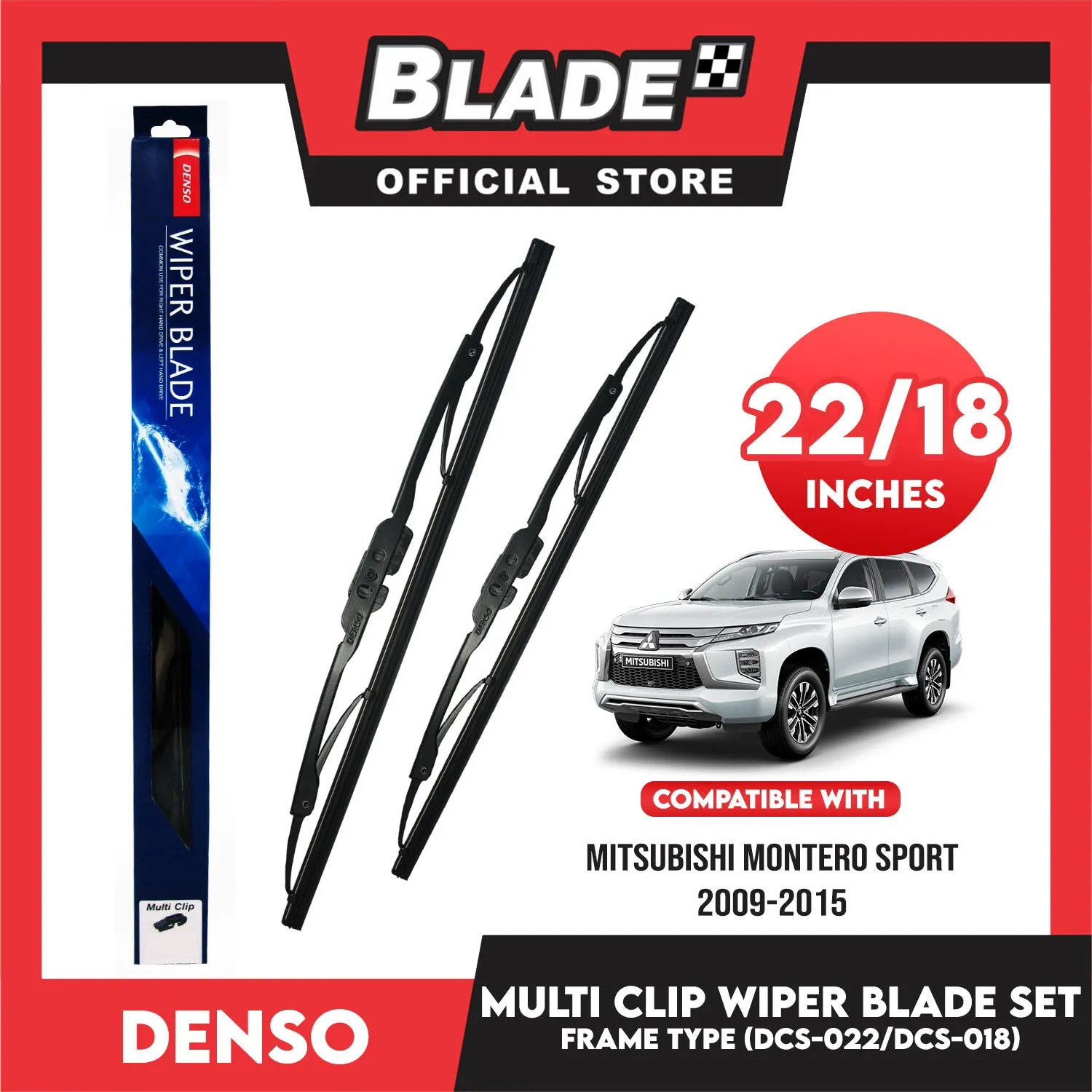 Denso Multi Clip Wiper Blade Set, Frame Type DCS-022/DRS022 22' ' And DCS-018/DT018N 18' ' Set of 2pcs Car Wiper For Mitsubishi Montero Sport