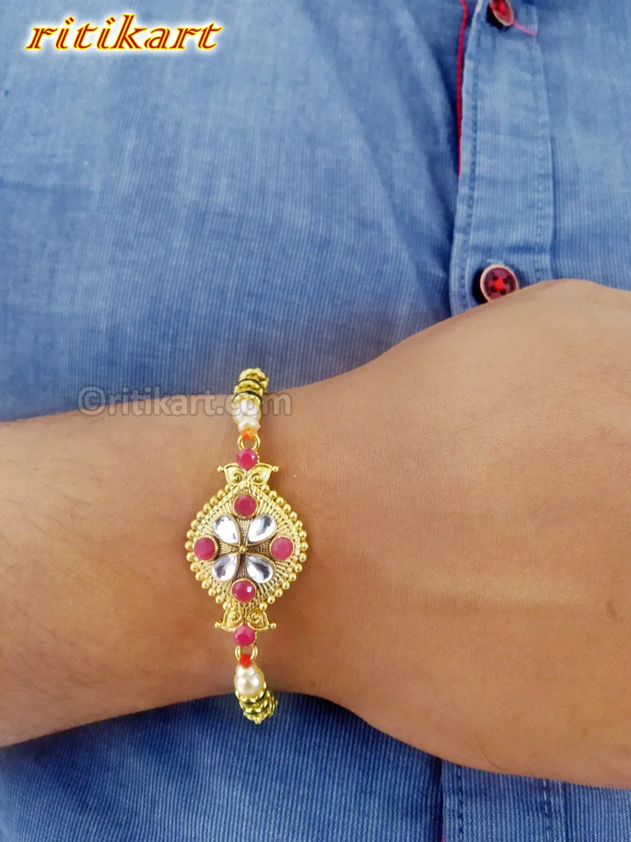 Designer Kundan With Multi Colour Beads Rakhi