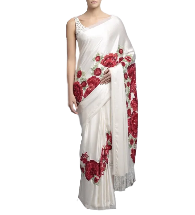Designer saree in ivory color with floral embroidery