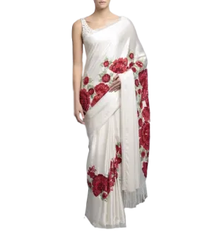 Designer saree in ivory color with floral embroidery