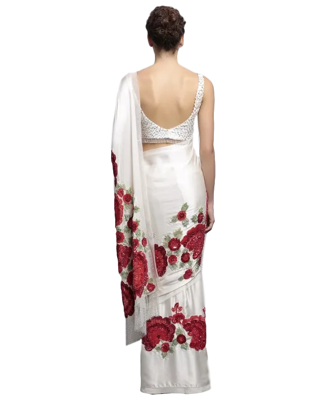 Designer saree in ivory color with floral embroidery