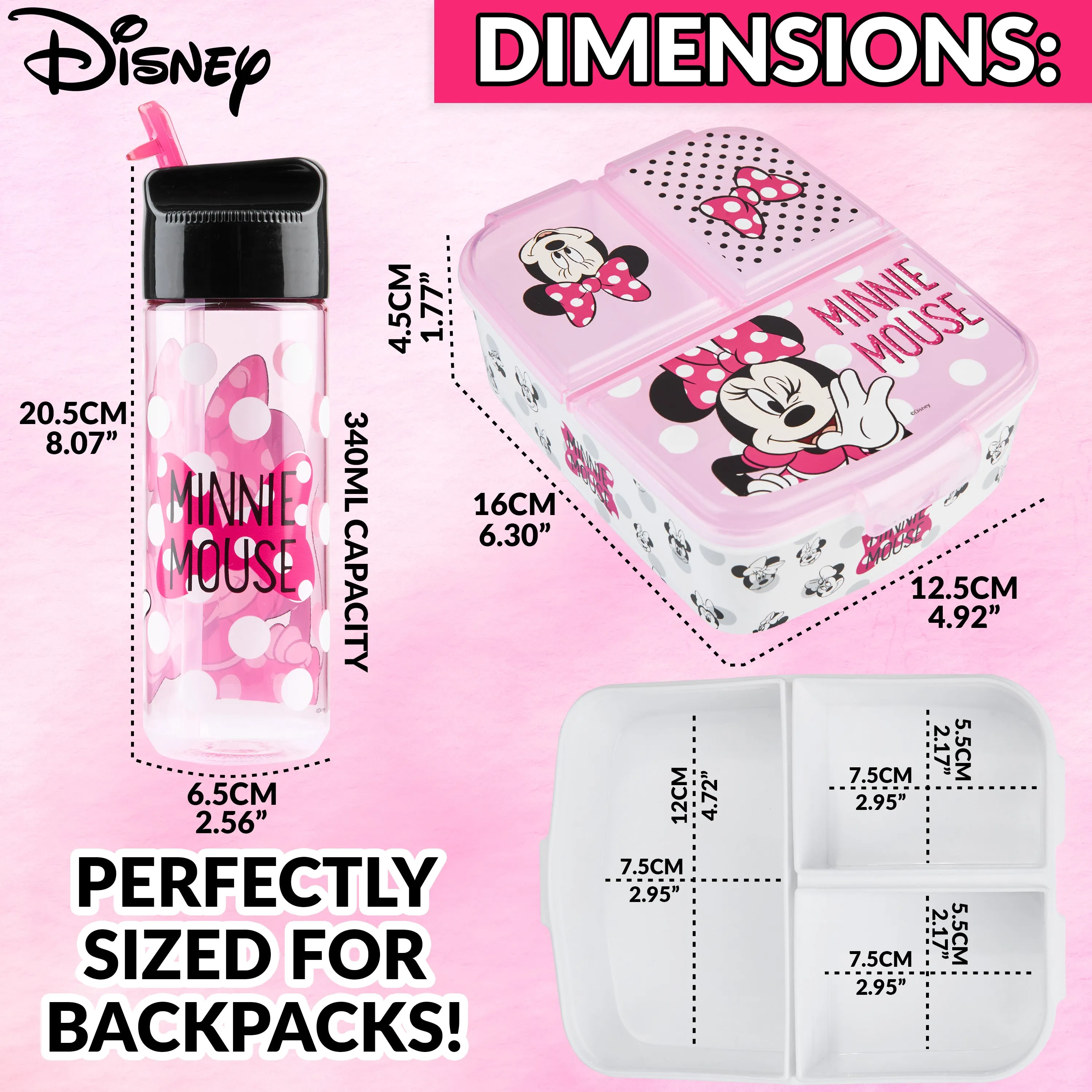 Disney Minnie Mouse Kids Lunchbox with Compartments and Water Bottle with Straw (Pink)