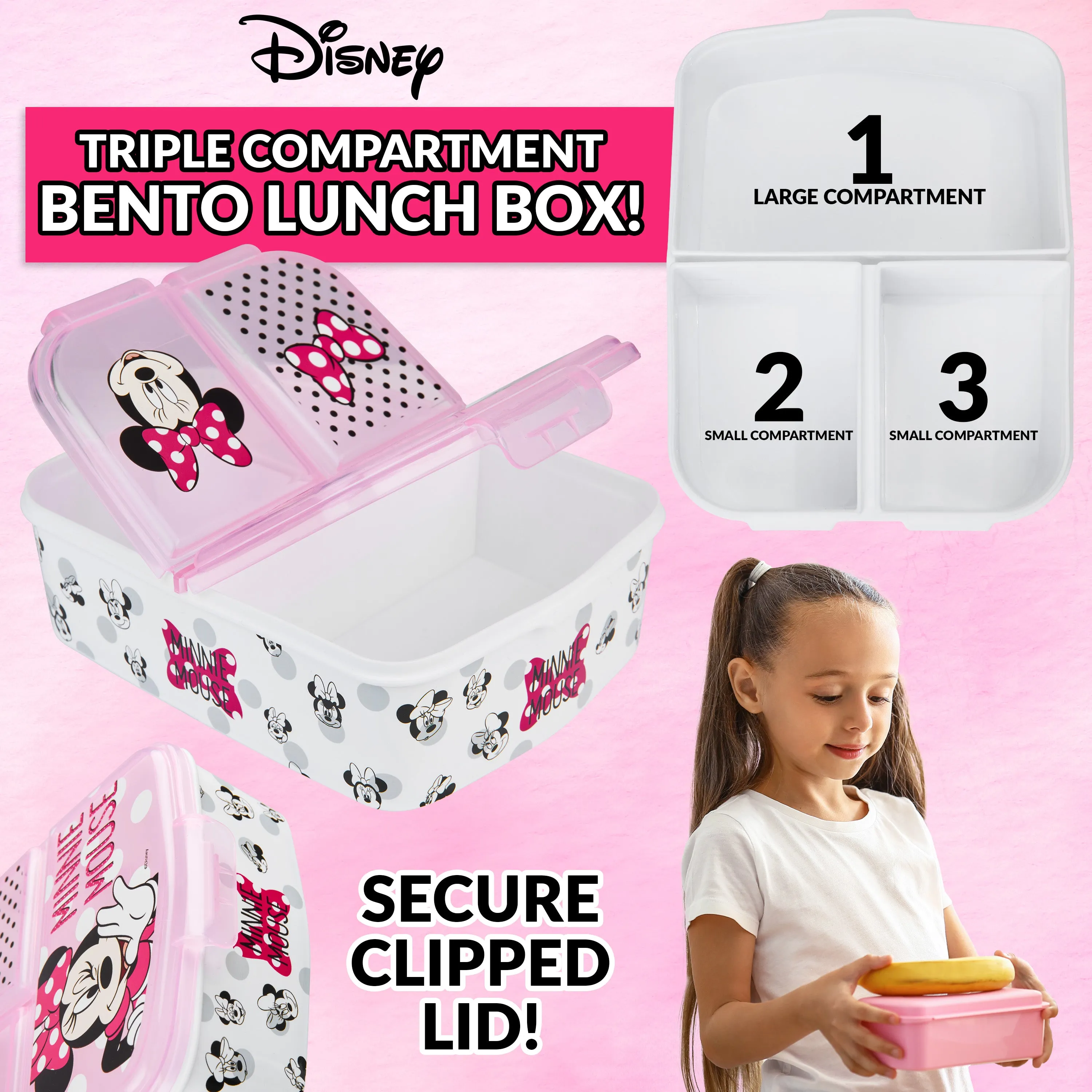Disney Minnie Mouse Kids Lunchbox with Compartments and Water Bottle with Straw (Pink)