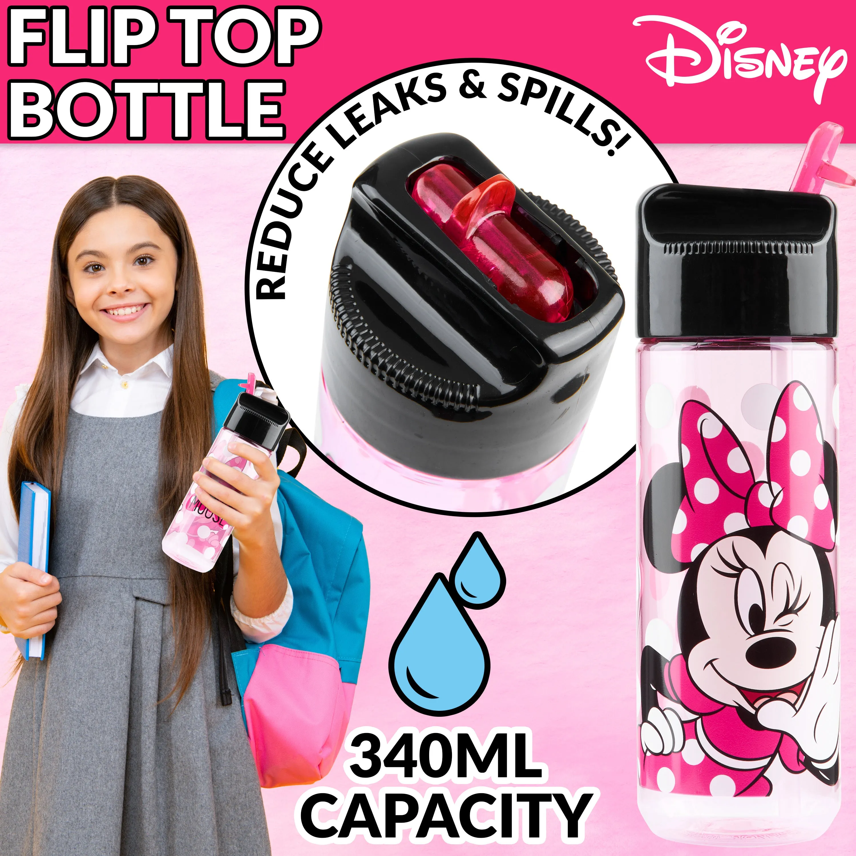 Disney Minnie Mouse Kids Lunchbox with Compartments and Water Bottle with Straw (Pink)