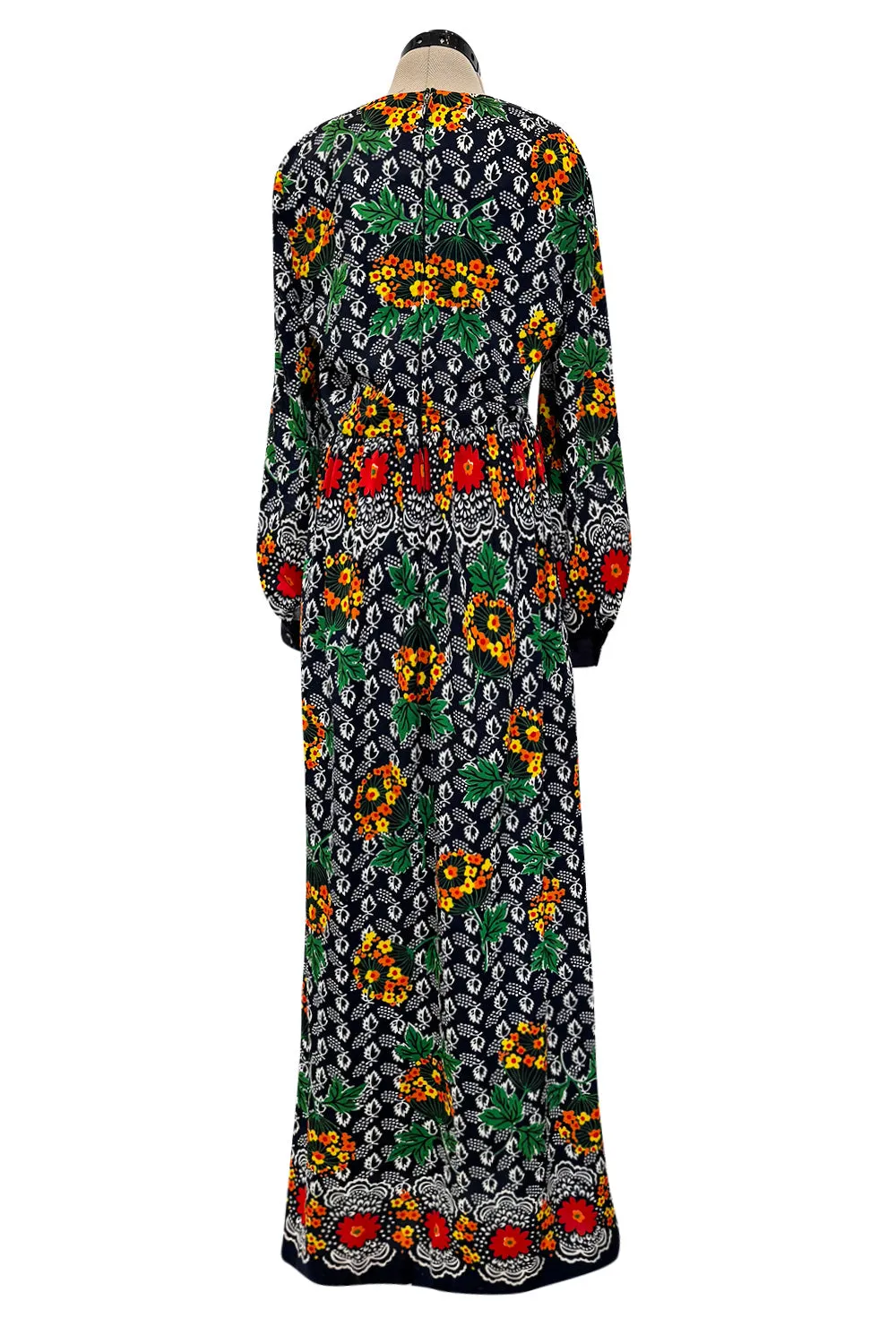 Early 1970s Oscar de la Renta Bright Floral Print on Deep Blue Jersey Dress