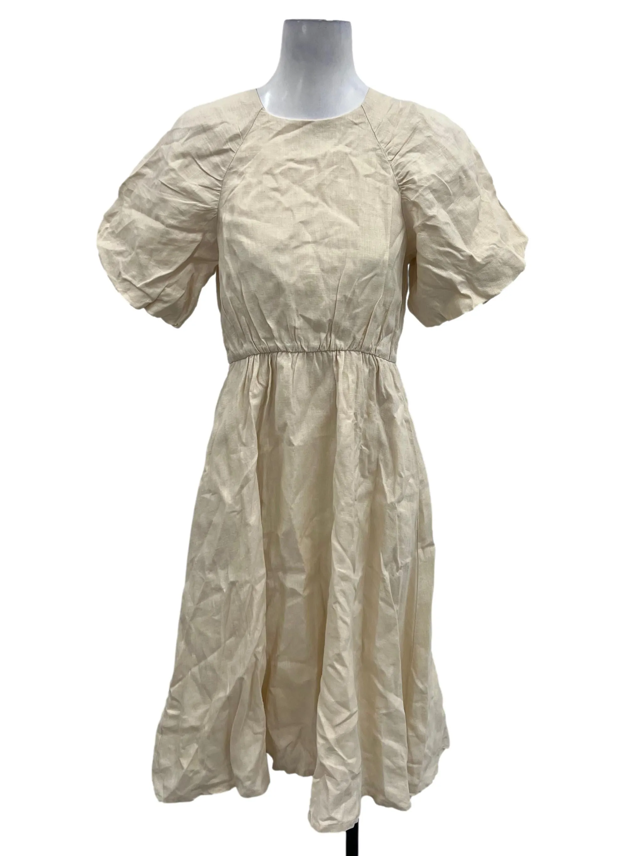 Eggshell Linen Gathered Puff Sleeve Dress OSN