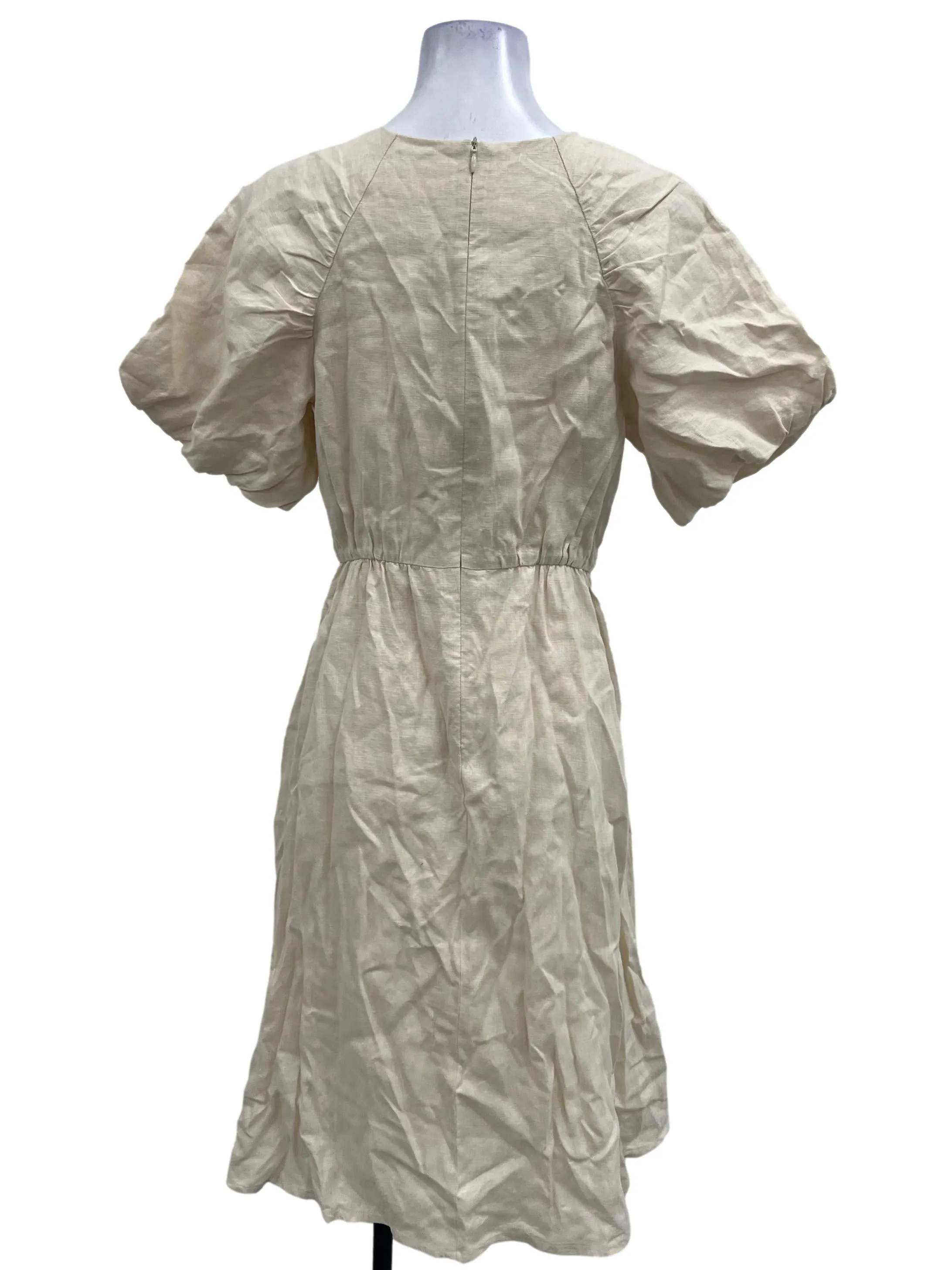 Eggshell Linen Gathered Puff Sleeve Dress OSN
