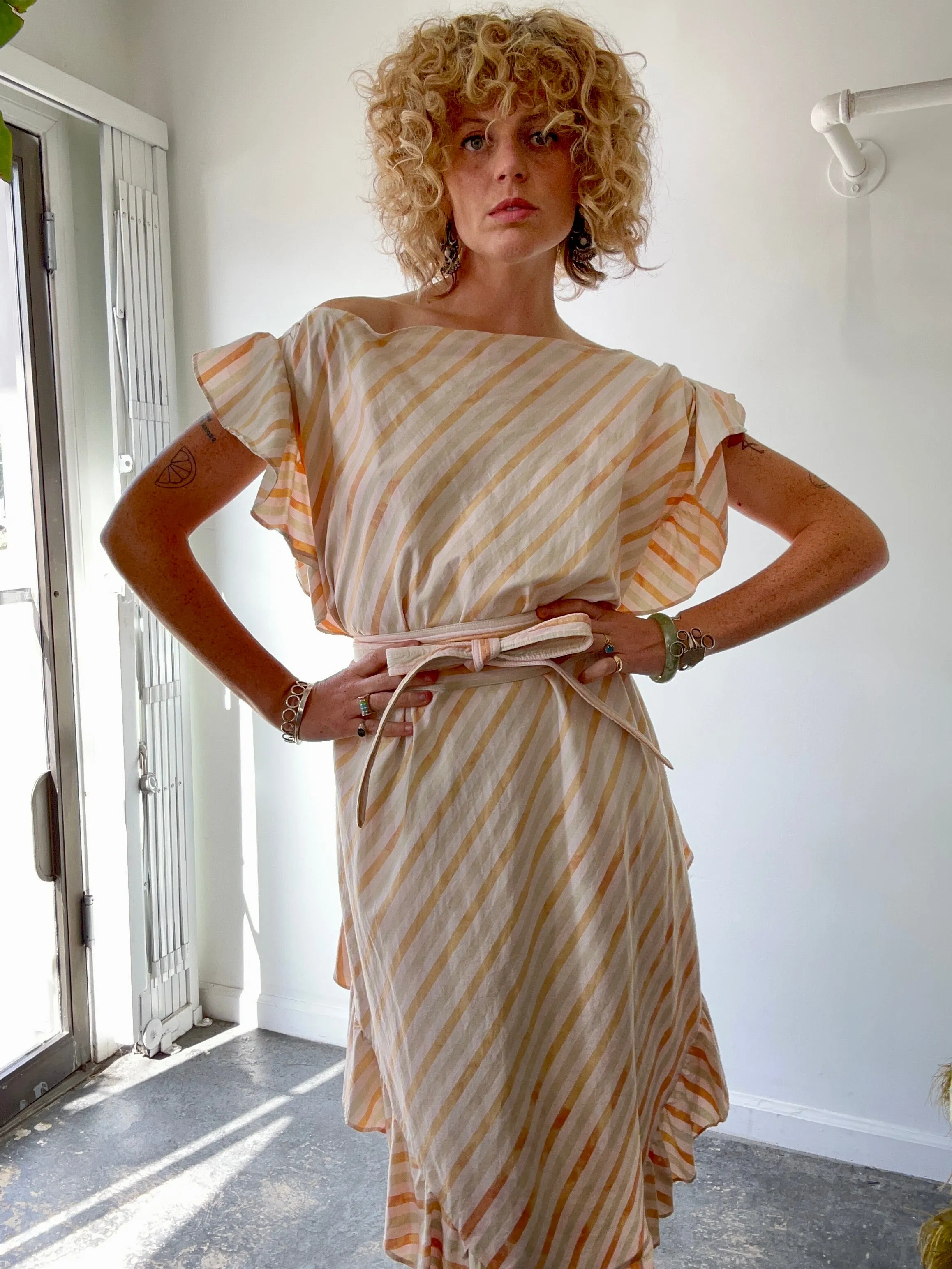 Electric Feathers Peach & Green Striped Ruffle Kaftan with Obi Belt
