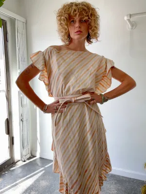 Electric Feathers Peach & Green Striped Ruffle Kaftan with Obi Belt