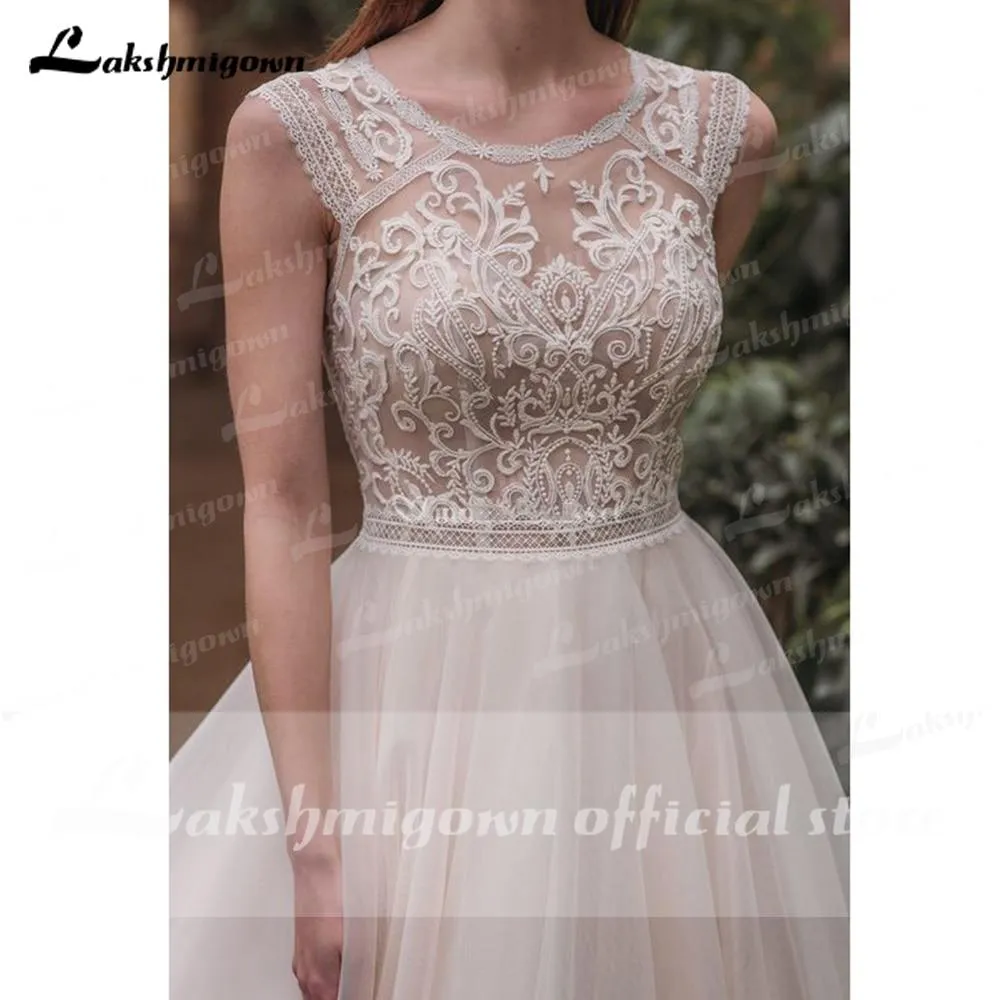 Elegant A Line O Neck See Through Lace Wedding Dresses