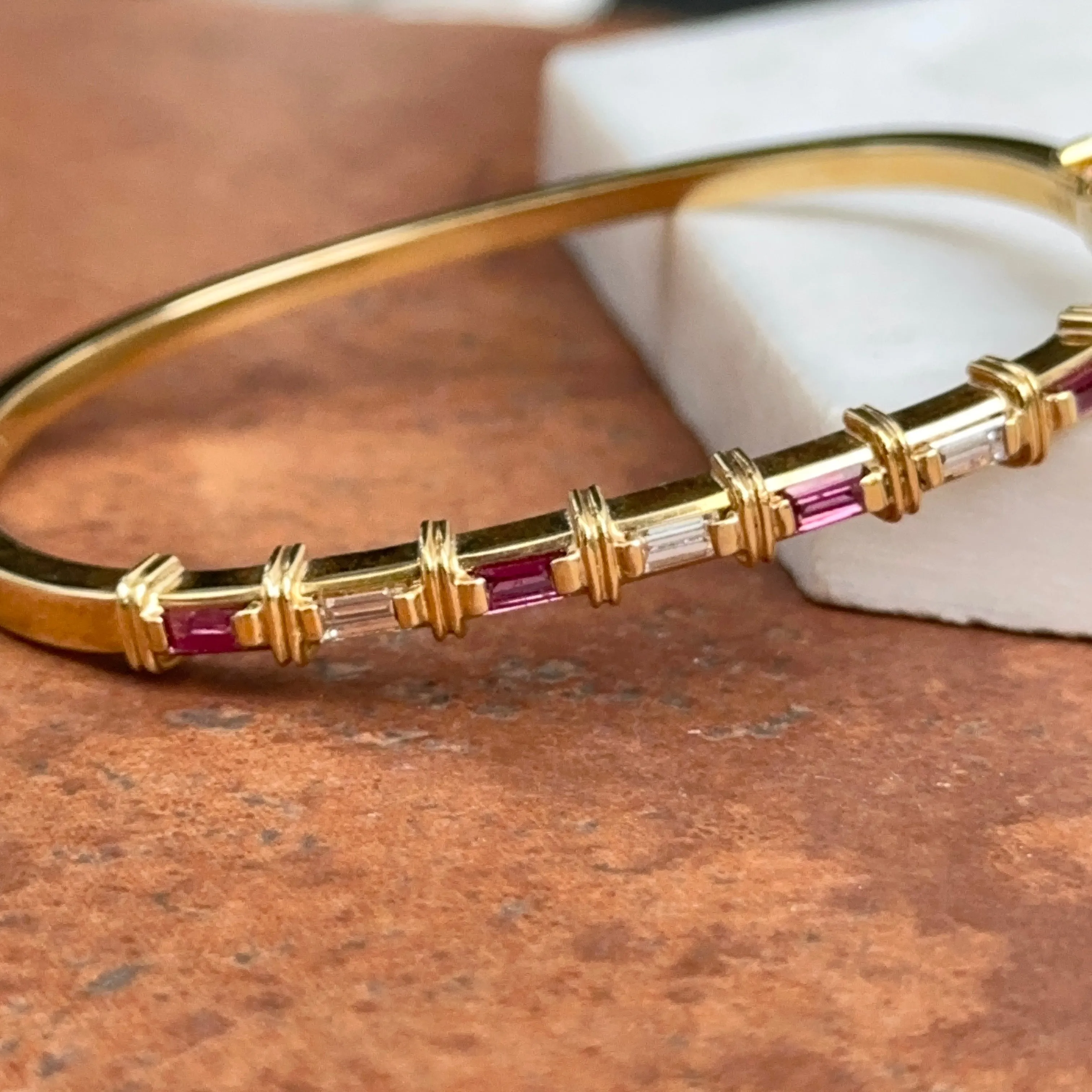Estate 18KT Yellow Gold Baguette Red Ruby   Diamond Bangle Cuff Bracelet