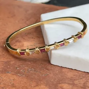 Estate 18KT Yellow Gold Baguette Red Ruby   Diamond Bangle Cuff Bracelet