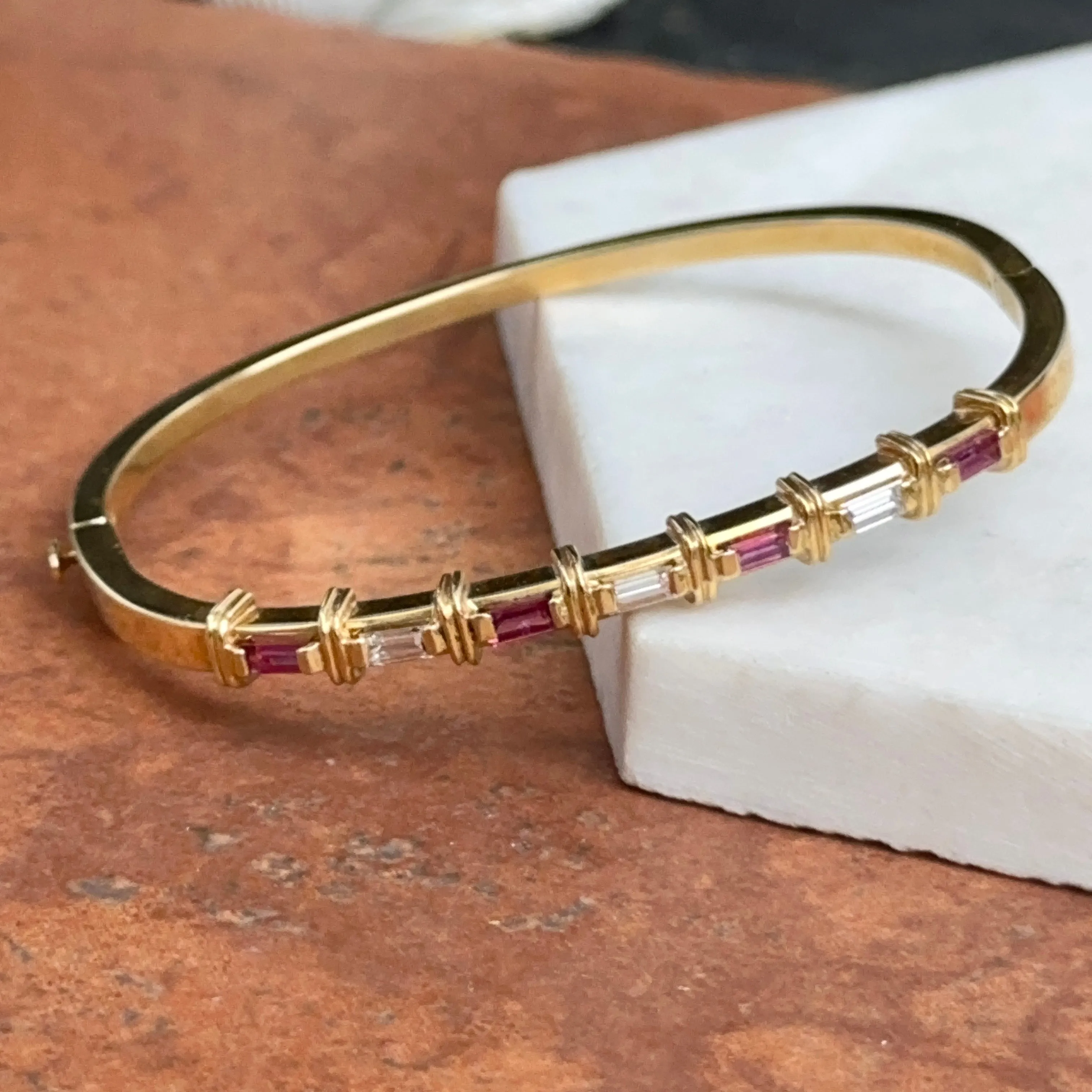 Estate 18KT Yellow Gold Baguette Red Ruby   Diamond Bangle Cuff Bracelet