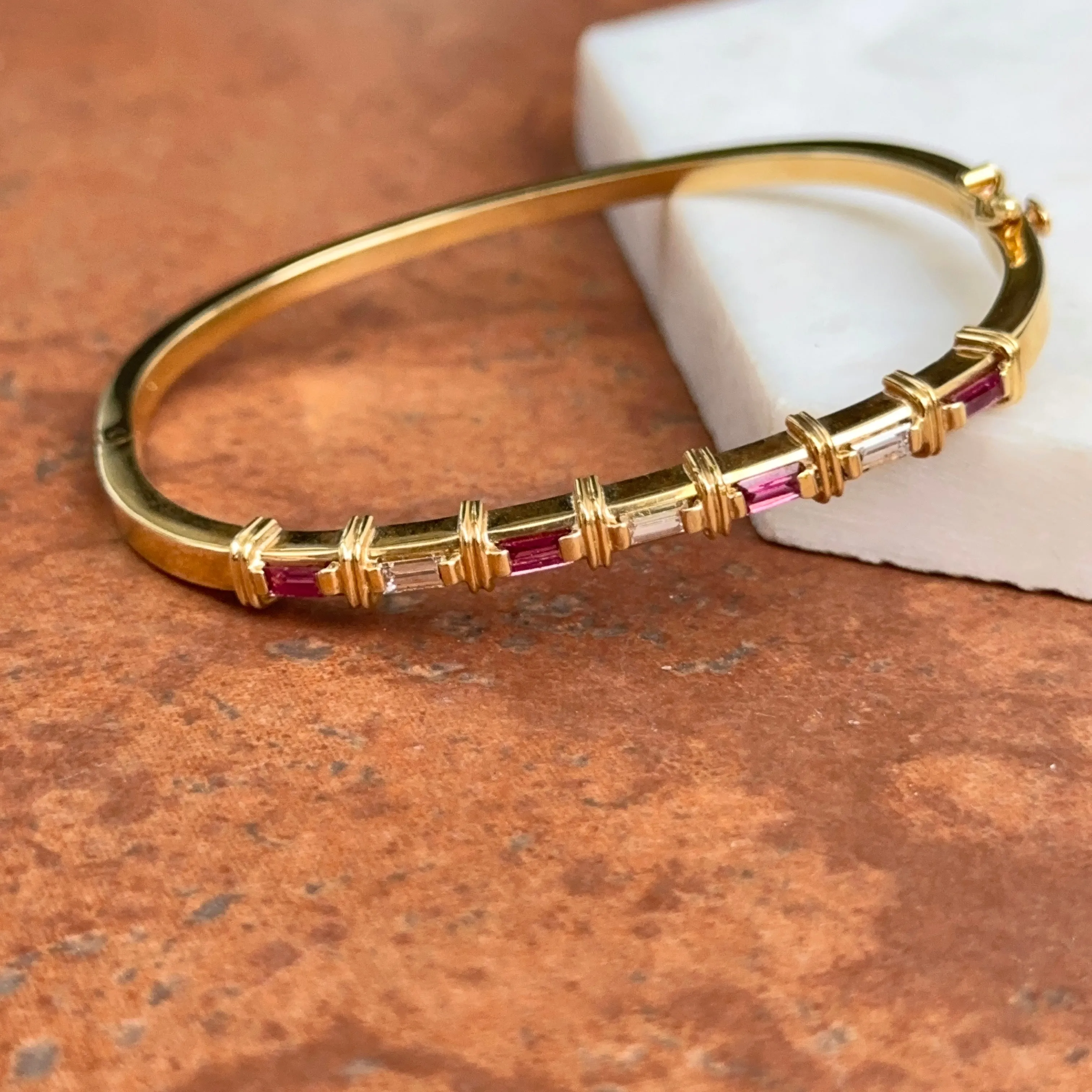 Estate 18KT Yellow Gold Baguette Red Ruby   Diamond Bangle Cuff Bracelet