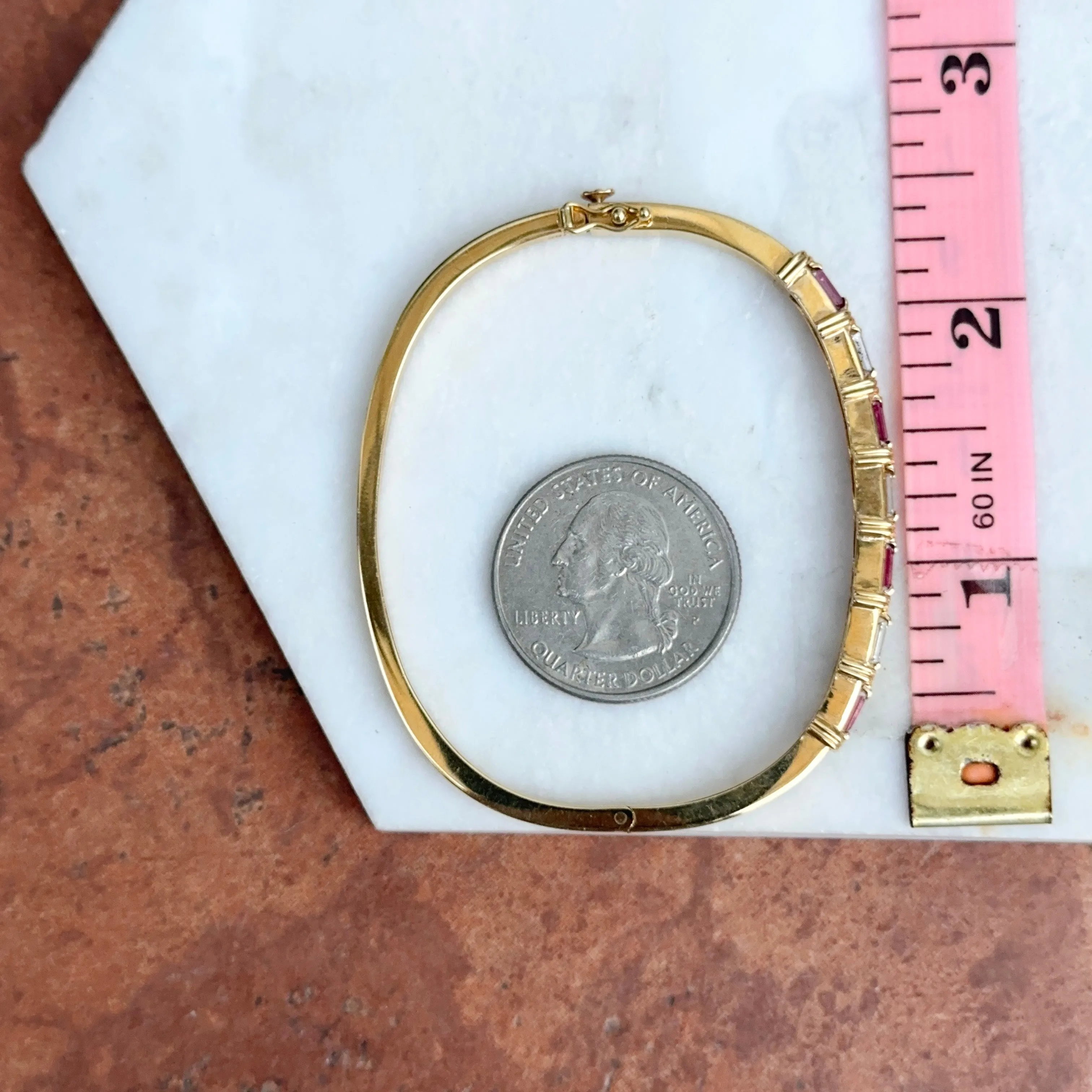 Estate 18KT Yellow Gold Baguette Red Ruby   Diamond Bangle Cuff Bracelet