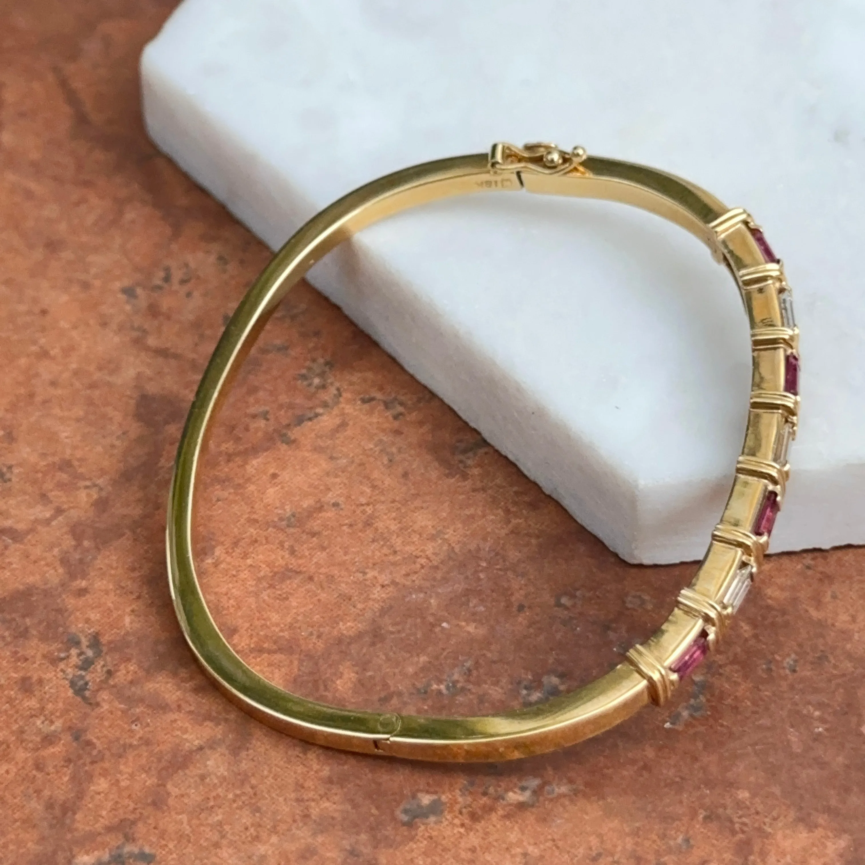 Estate 18KT Yellow Gold Baguette Red Ruby   Diamond Bangle Cuff Bracelet