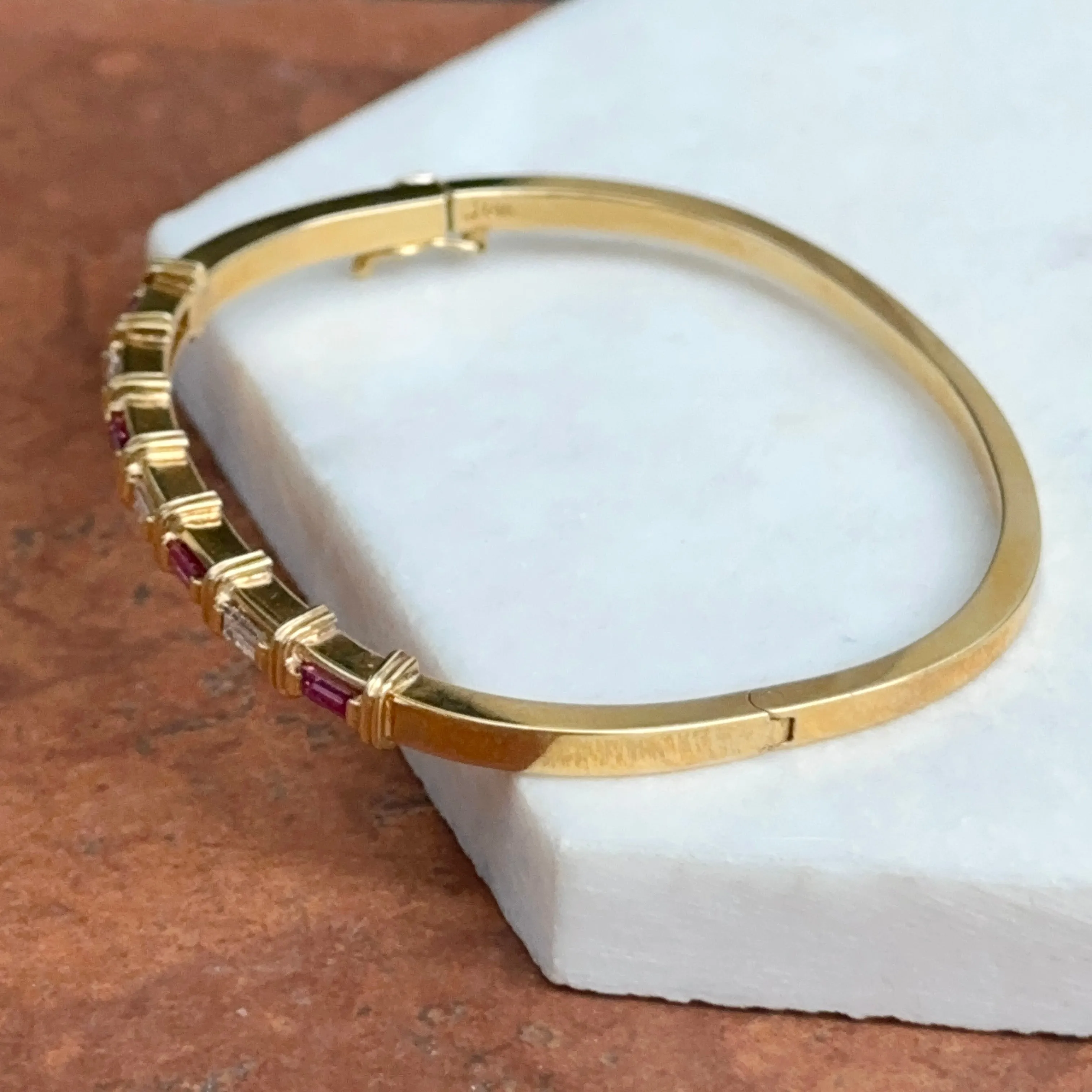 Estate 18KT Yellow Gold Baguette Red Ruby   Diamond Bangle Cuff Bracelet