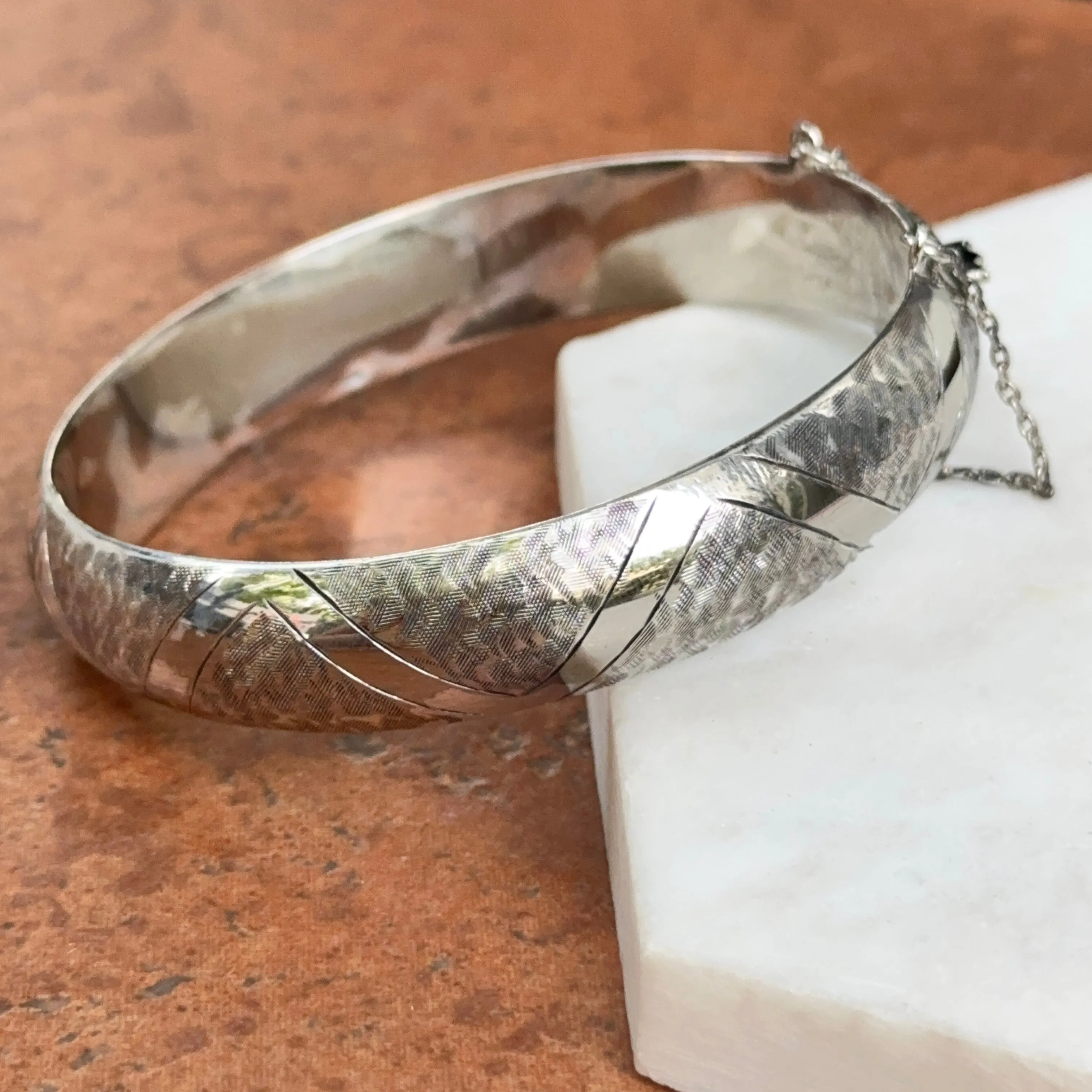 Estate Prime Art Sterling Silver Etched Domed Bangle Bracelet