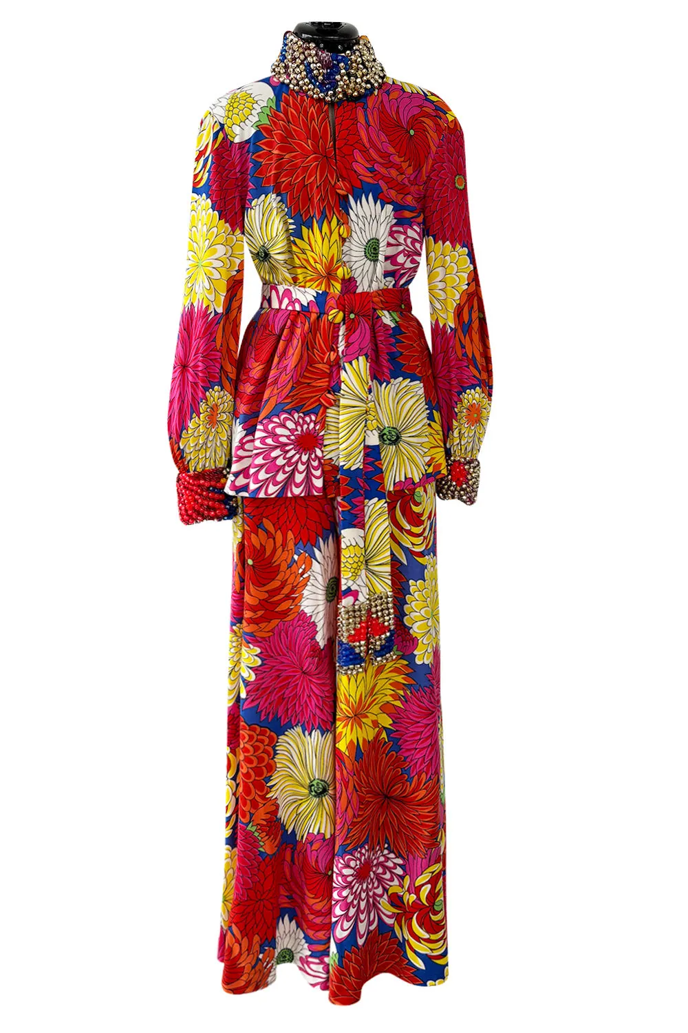 Fabulous 1970s Hanae Mori Bright Floral Print Jersey Pant & Top Set w Beading