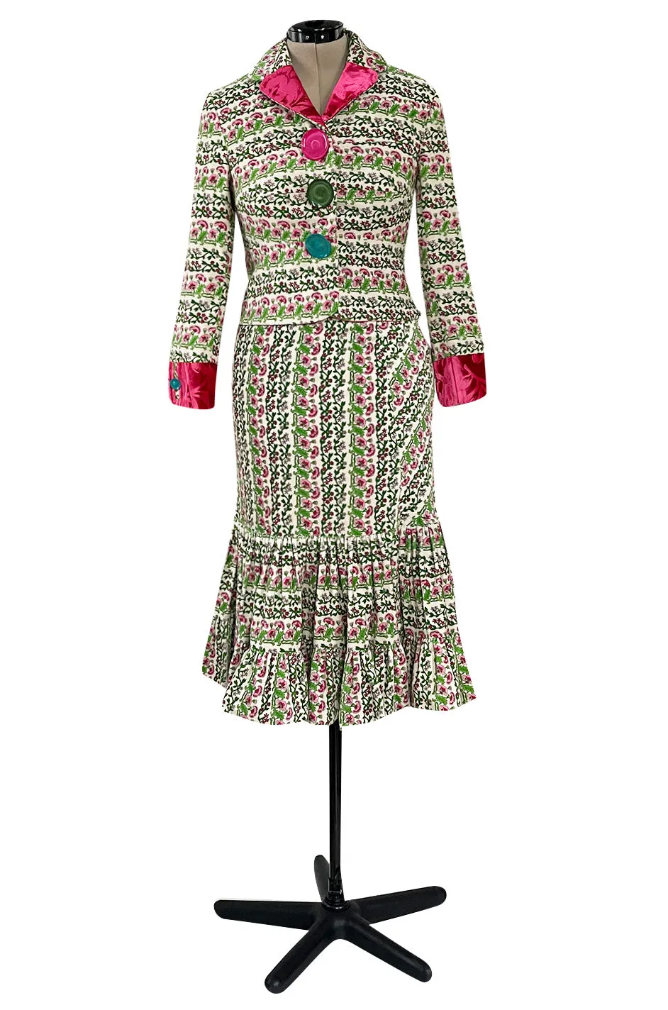 Fall 2005 Kenzo Defile Printed Pink & Green Floral Velvet Suit w Contrasting Lining
